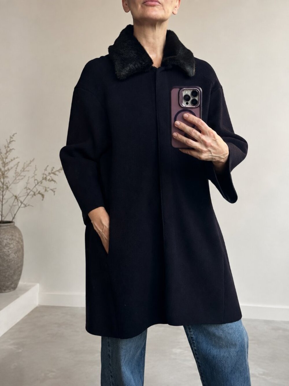Catherine Malandrino Women’s M Navy Knit Coat Faux Fur Collar 3/4 Sleeve